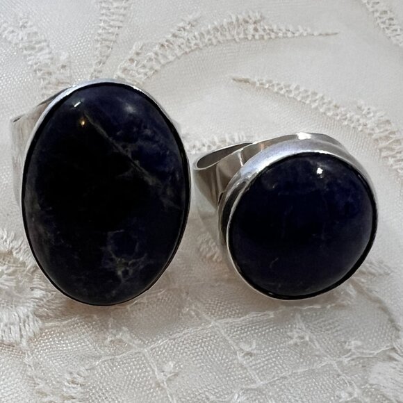 2 Rings Israel 925 Sterling Silver Lapis Lazuli Bezel Set Stones Adjustable Band - Picture 1 of 12